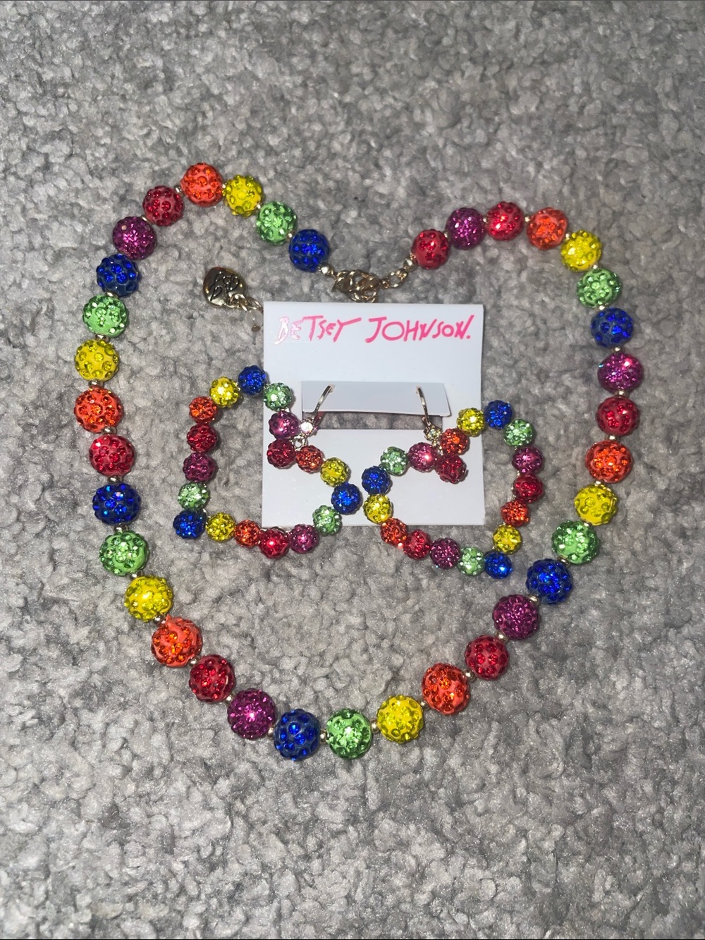 Betsey Johnson Rainbow Stone Fireball Heart Drop Earrings & Necklace Set NWT